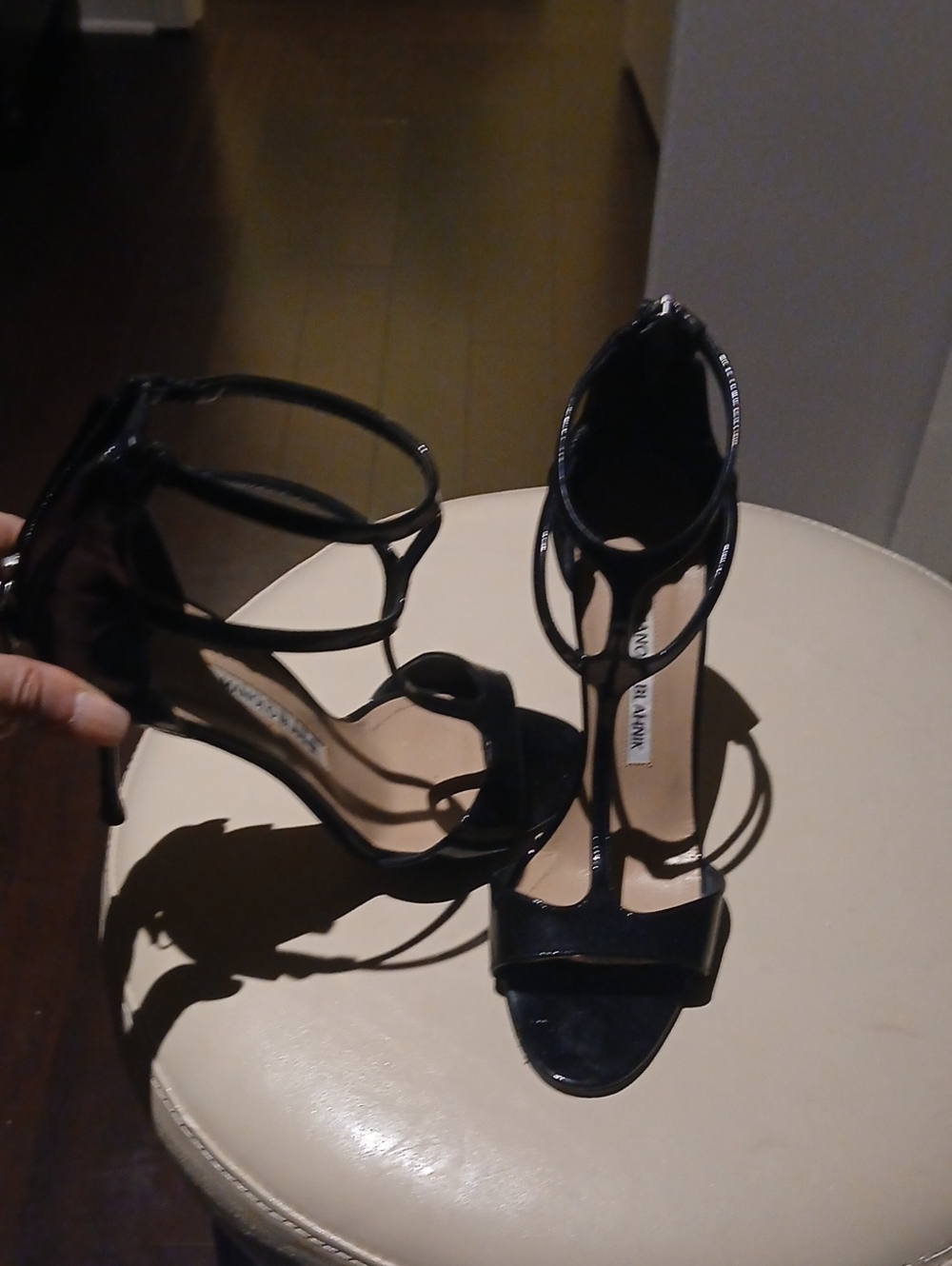 Manolo Blahnik Black Patent Strappy T‑Bar High Heels